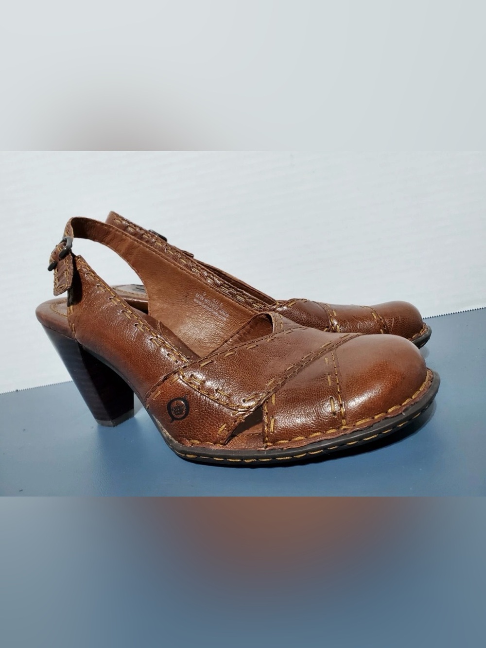 Born Brown Leather Slingback Heels with Stitch Detail